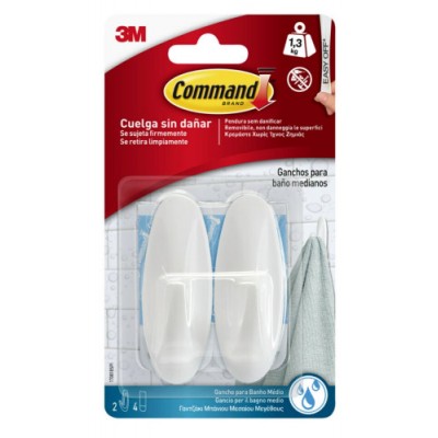 BLISTER 2 GANCHOS ADHESIVOS MEDIANOS HASTA 13KG BLANCO PARA BANO COMMAND 17081B 3M 7100121117