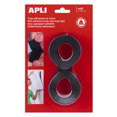 BLISTER 2 CINTAS TIPO VELCRO ADHESIVAS COLOR NEGRO 20 MM X 1 M APLI 13656