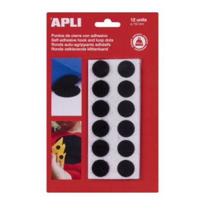 BLISTER 12 PUNTOS TIPO VELCRO ADHESIVOS COLOR NEGRO 19 MM DIAMETRO APLI 13658