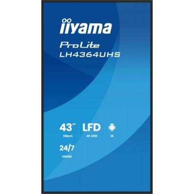 IIYAMA MONITOR 43 3840x2160 UHD VA DLED 500cd m HORIZ Y VERT MM 2x 10W 2x HDMIx 1x USB C USB 20 x2 WiFi LAN Media Play USB Port
