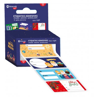 CAJA 100 ETIQUETAS ADHESIVAS PARA REGALOS REYES MAGOS BISMARK 332911