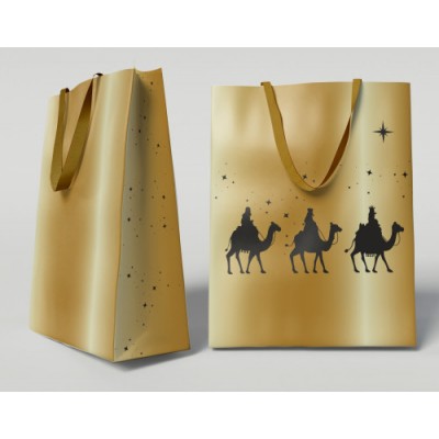 BOLSA DORADA PAPEL REYES MAGOS S 24X10X32 CM CON TARJETA COLGANTE BISMARK 333673