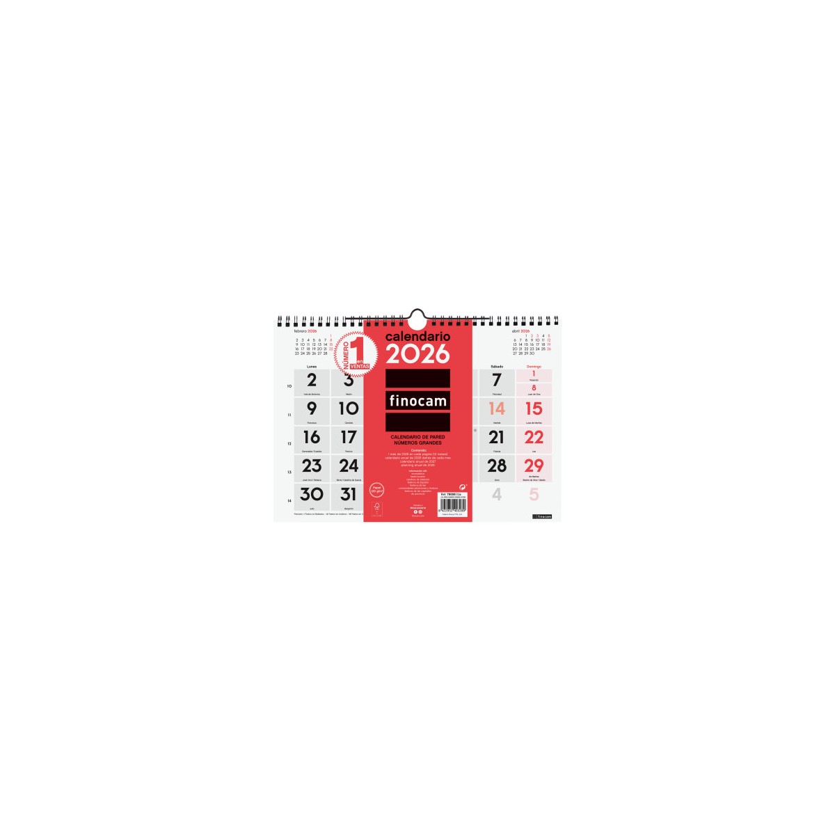 CALENDARIO 2026 NEUTRO PARED NUMEROS GRANDES M 300X210MM FINOCAM 780000026