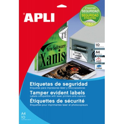 PAQUETE 10 HOJAS A4 ETIQUETAS DE SEGURIDAD POLIESTER PLATA 457 X 212MM APLI 11272