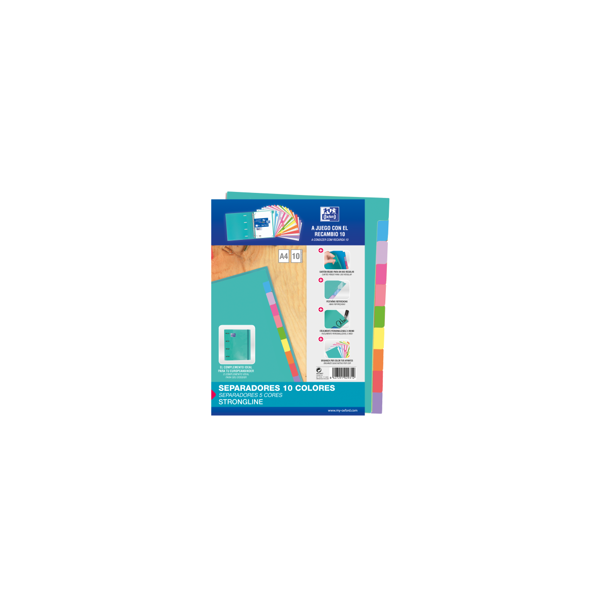 SEPARADORES CARTULINA STRONGLINE A4 10 POSICIONES 10 COLORES OXFORD 400149957