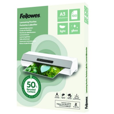 PACK 100 FUNDAS DE PLASTIFICAR RECICLADAS BRILLO A3 FELLOWES 100142988