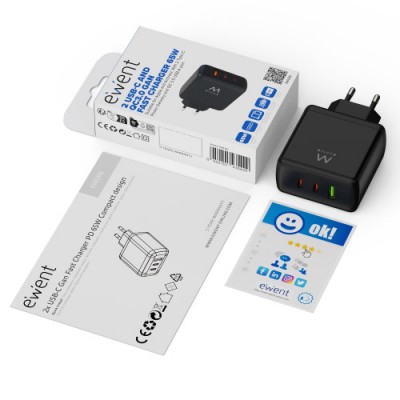 ABM EWENT CARGADOR GAN FAST DE 65W 3 PUERTOS 2 USB C PD Y 1USB A QC DISENO COMPACTO