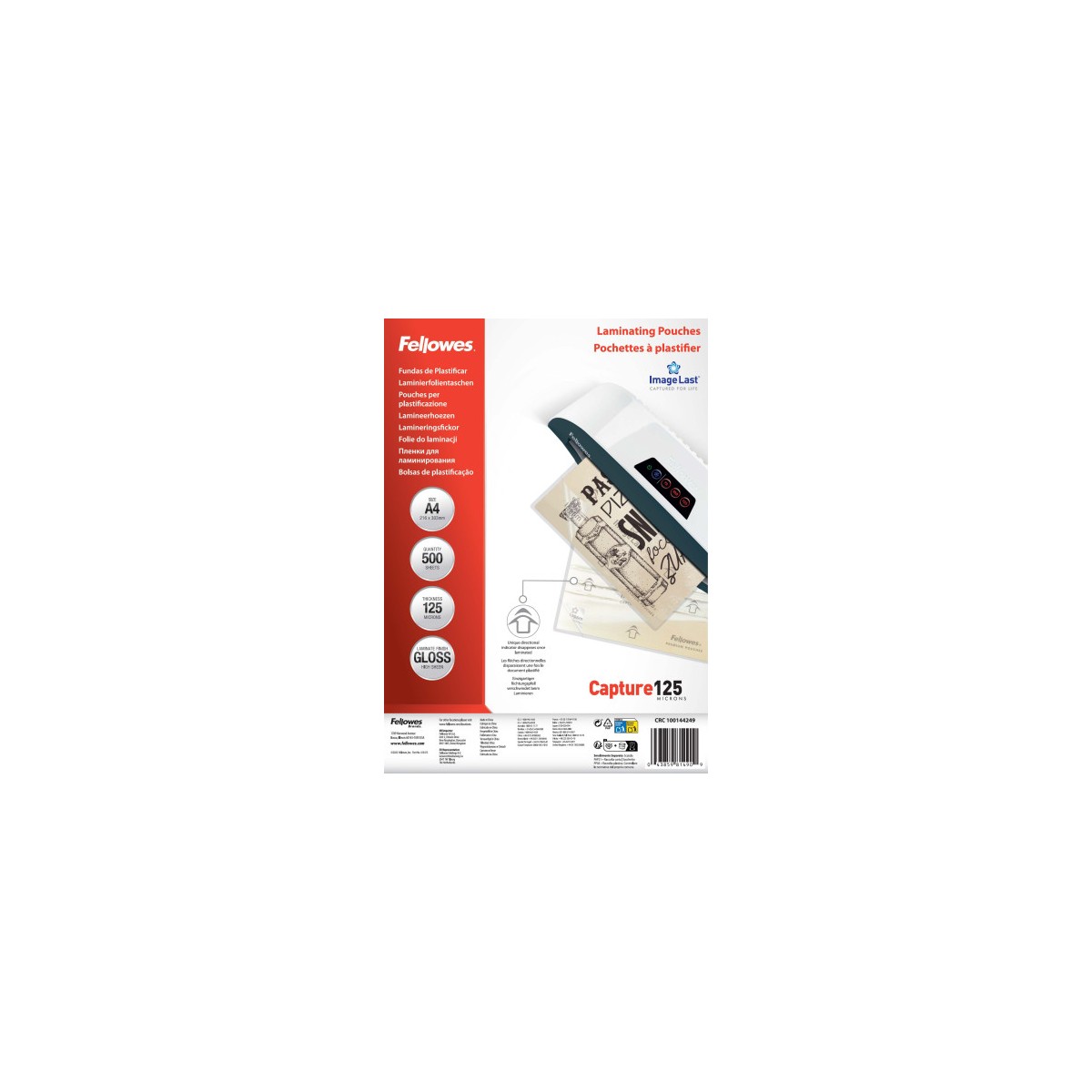 PACK 500 FUNDAS PLASTIFICAR 125 MICRAS BRILLO A4 216X303 MM FELLOWES 100144249