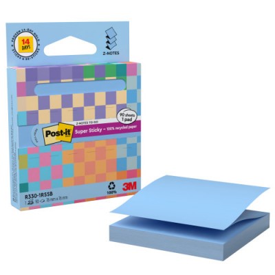 DISPENSADOR DE CARTON 90 HOJAS Z NOTES RECICLADO SUPER STICKY 76X76 MM AZUL LAVADO R330 1RSSB POST IT 7100399315