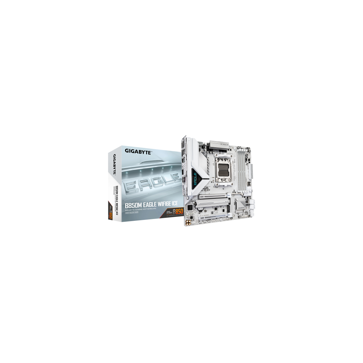 PLACA GIGABYTE B850M EAGLE WIFI6E ICE BLANCOAMDAM5B8504DDR5256GB1HDMI1DP4SATA33M2GBELANWIFI6EBT534USB32MATX