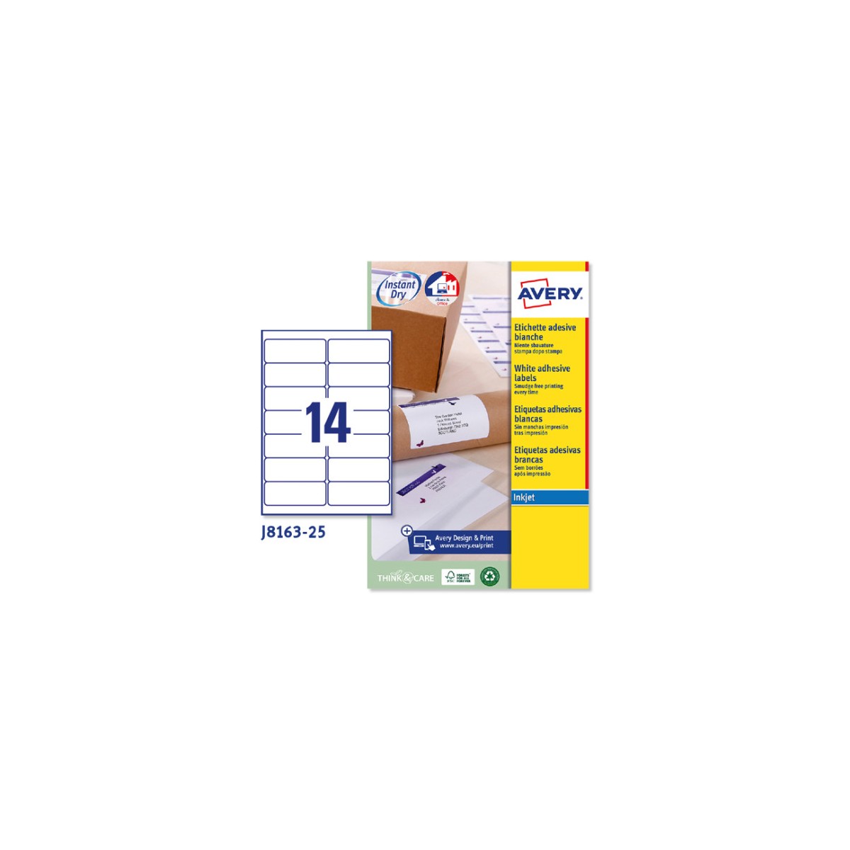 PAQUETE 25 HOJAS ETIQUETAS BLANCAS QUICK DRY IMPRESORAS DE INYECCIoN DE TINTA 991X381 MM AVERY J8163 25