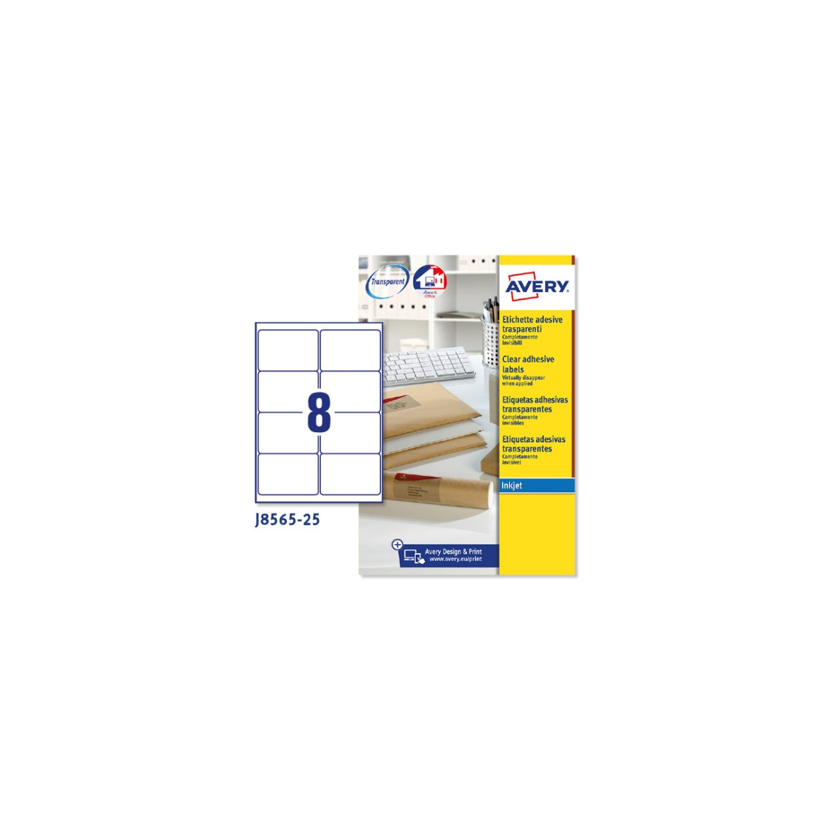 PAQUETE 25 HOJAS ETIQUETAS TRANSPARENTES QUICKPEEL IMPRESORAS DE INYECCIoN DE TINTA 991X677 MM AVERY J8565 25