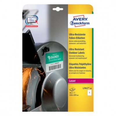 PAQUETE 10 HOJAS ETIQUETAS MUY RESISTENTES DE POLIETILENO FLEXIBLE 210 X 297 MM AVERY L7917 10