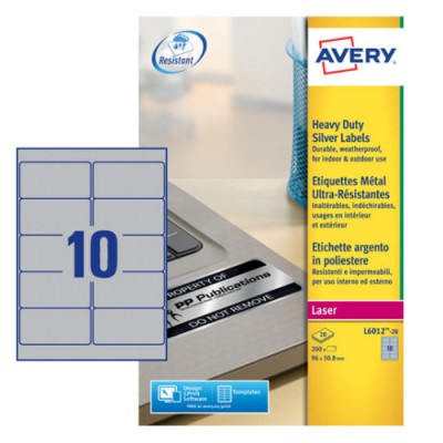 PAQUETE 20 HOJAS ETIQUETAS PLATEADAS DE POLIeSTER IMPRESORAS LaSER 96X508 MM AVERY L6012 20