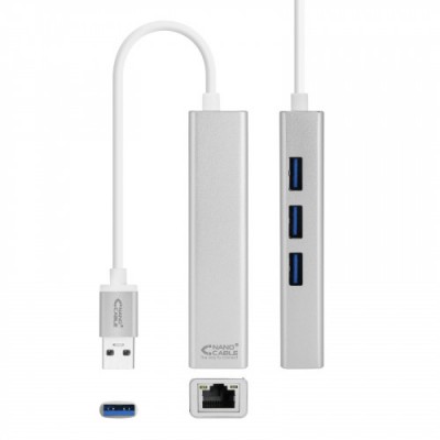 Nanocable Conversor USB 30 a Ethernet Gigabit 3xUSB 30 Plata 15 cm