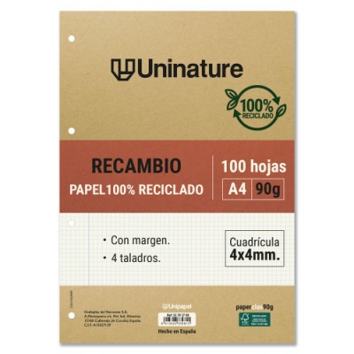 RECAMBIO RECICLADO A4 100 HOJAS 90GR CUADRICULA 4X4 MM CON TALADROS UNINATURE 53392700