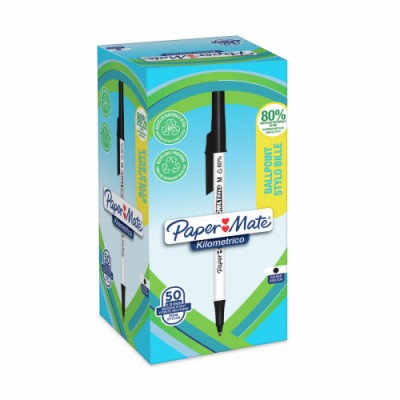 CAJA 50 BOLiGRAFOS PAPER MATE KILOMeTRICO PUNTA MEDIANA 10MM TINTA NEGRA 80 PLaSTICO RECICLADO PAPER MATE 2187701