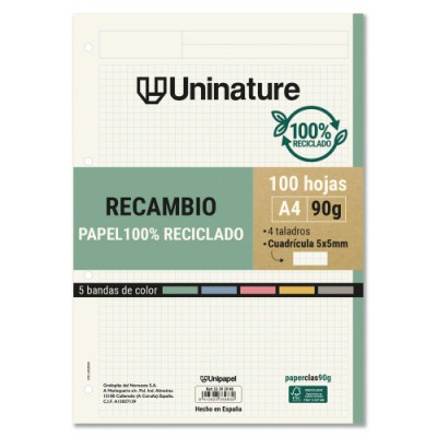 RECAMBIO RECICLADO A4 100 HOJAS 90GR CUADRICULA 5X5 MM CON TALADROS 5 BANDAS COLOR UNINATURE 53392900